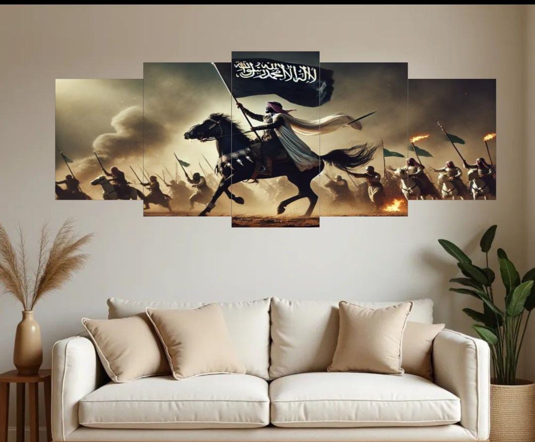 5-Piece Islamic Warrior Canvas Wall Art – 16x40 Wooden StickyTile Frames with Double Tape