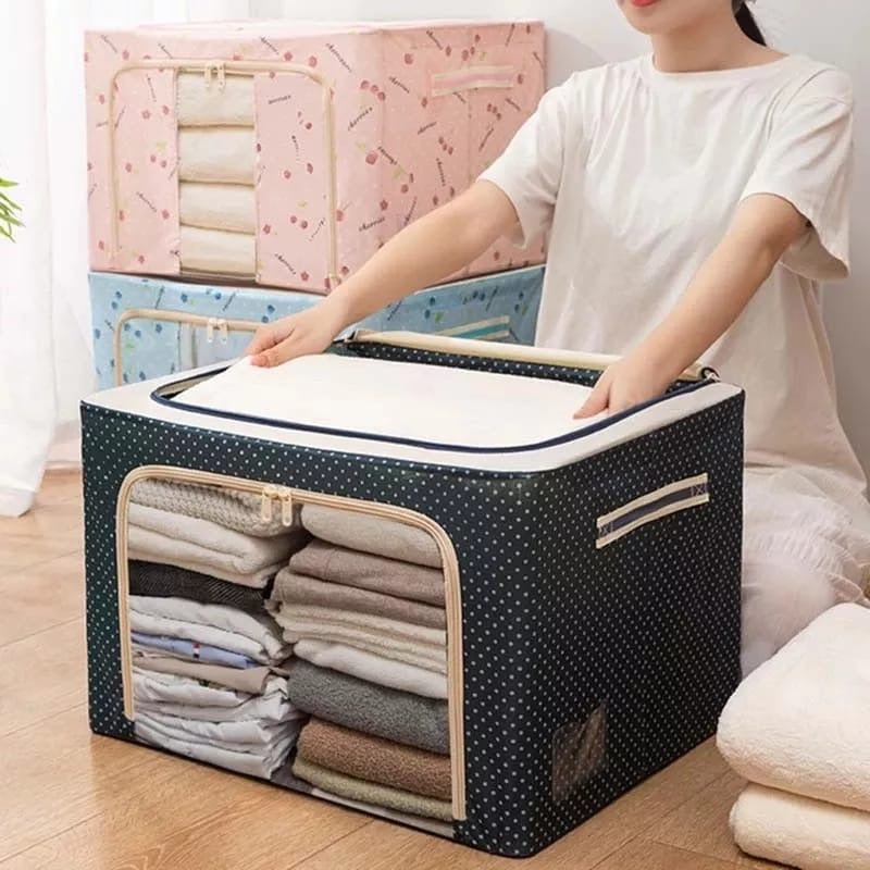 Foldable Metal Frame Clothes Organizer Bag – Large Fabric Storage Box with Clear Window & Zipper