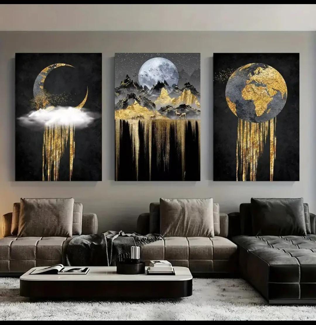 Black & Gold Wooden Wall Art Set – 3-Piece StickyTile Frames (Moon, Mountains & Globe, 8x11)